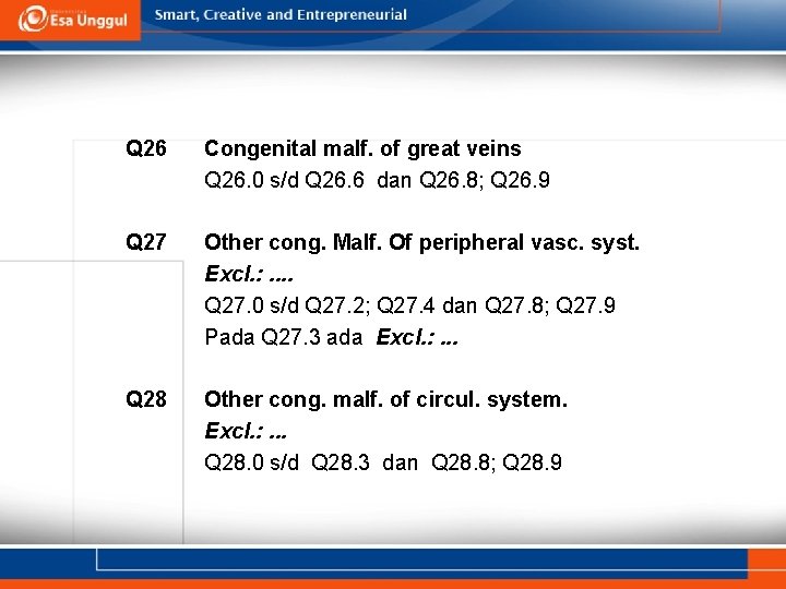 Q 26 Congenital malf. of great veins Q 26. 0 s/d Q 26. 6 Q 26 Congenital malf. of great veins Q 26. 0 s/d Q 26. 6