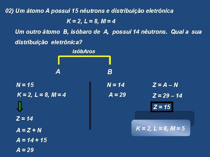 02) Um átomo A possui 15 nêutrons e distribuição eletrônica K = 2, L