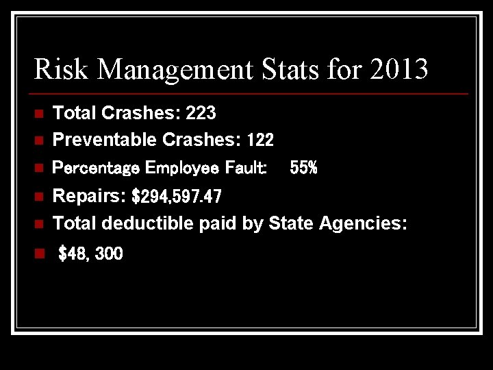 Risk Management Stats for 2013 n n n Total Crashes: 223 Preventable Crashes: 122