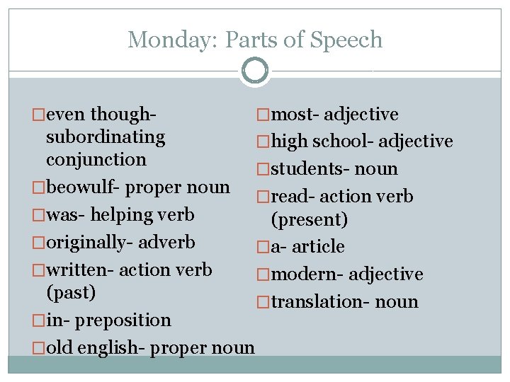 Monday: Parts of Speech �even though- �most- adjective subordinating �high school- adjective conjunction �students-