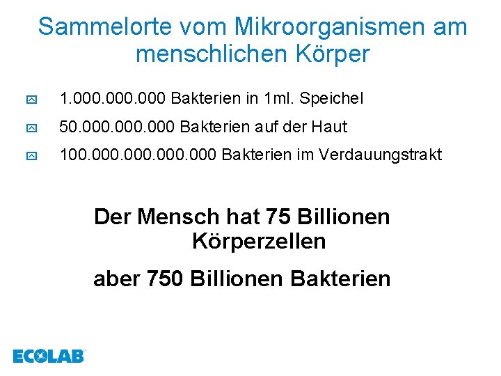 Sammelorte vom Mikroorganismen am menschlichen Körper y 1. 000 Bakterien in 1 ml. Speichel