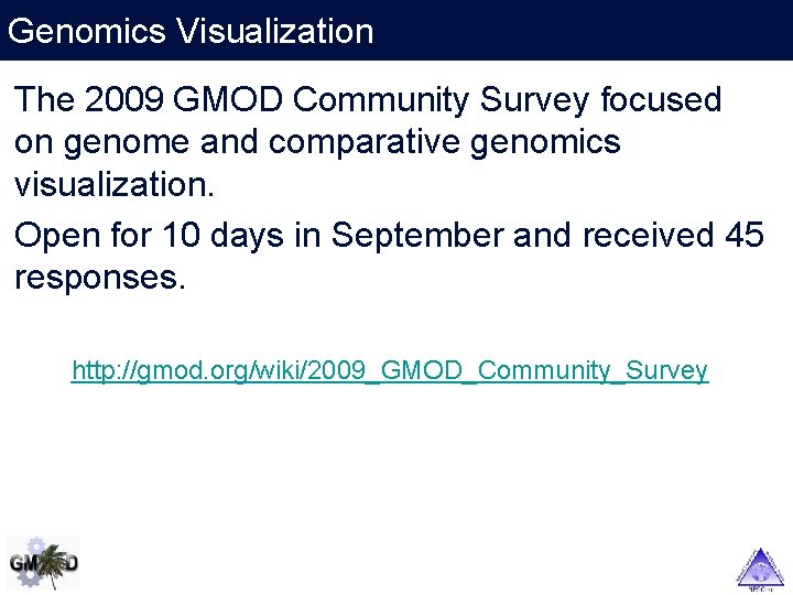 Genomics Visualization The 2009 GMOD Community Survey focused on genome and comparative genomics visualization.
