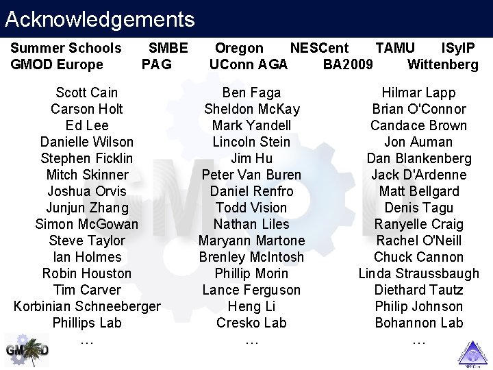 Acknowledgements Summer Schools GMOD Europe SMBE PAG Scott Cain Carson Holt Ed Lee Danielle