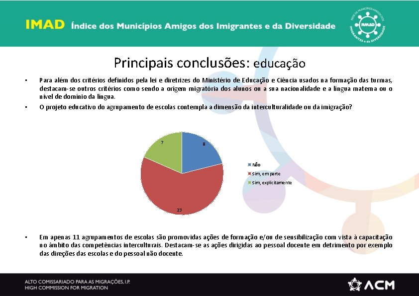 Principais conclusões: educação • • Para além dos critérios definidos pela lei e diretrizes