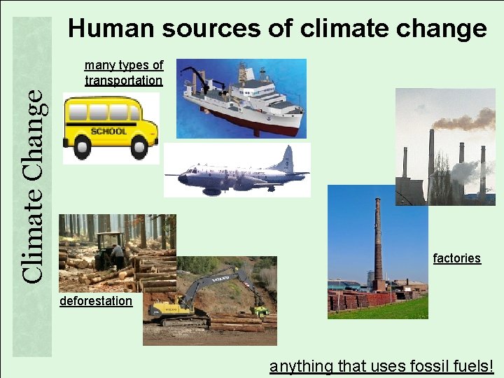 Human sources of climate change Climate Change many types of transportation factories deforestation anything