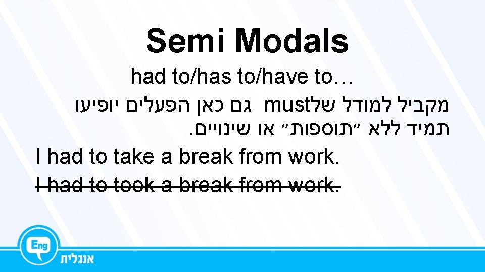 Semi Modals had to/has to/have to… גם כאן הפעלים יופיעו must מקביל למודל של