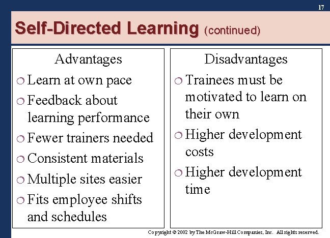 17 Self-Directed Learning (continued) Advantages ¦ Learn at own pace ¦ Feedback about learning