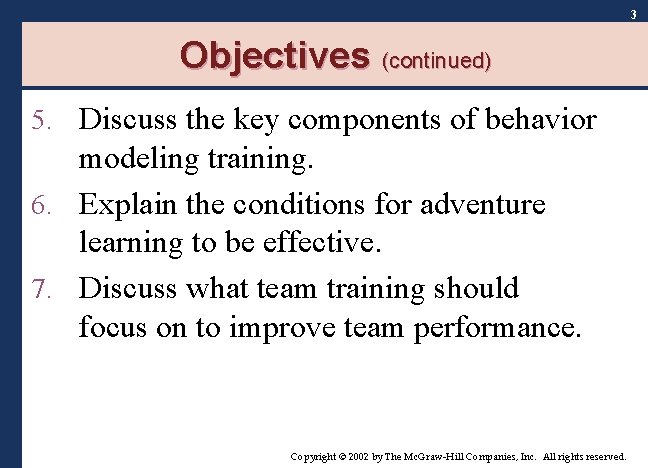 3 Objectives (continued) 5. Discuss the key components of behavior modeling training. 6. Explain