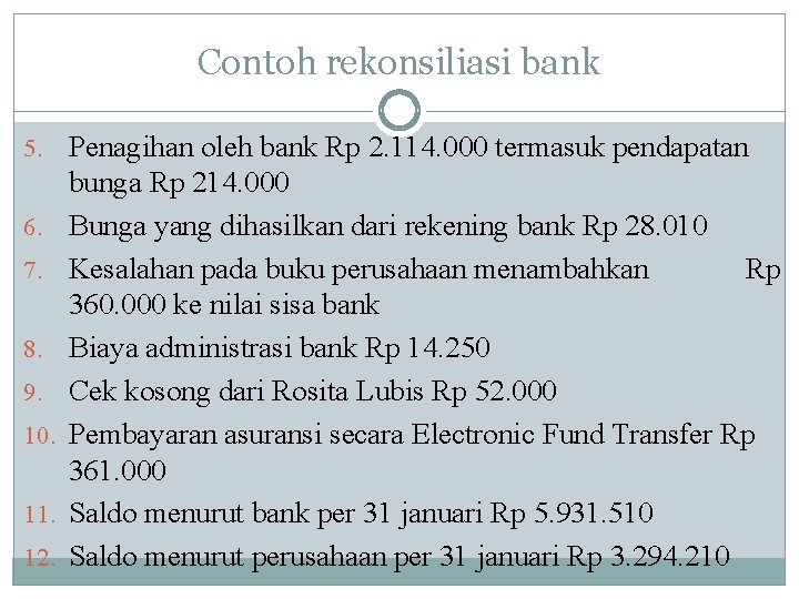 Contoh rekonsiliasi bank 5. Penagihan oleh bank Rp 2. 114. 000 termasuk pendapatan 6.