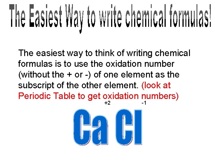 The easiest way to think of writing chemical formulas is to use the oxidation