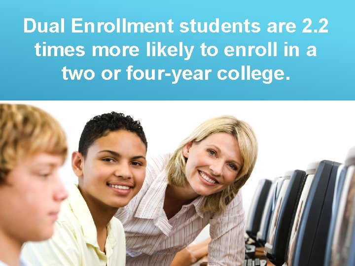 Dual Enrollment students are 2. 2 times more likely to enroll in a two