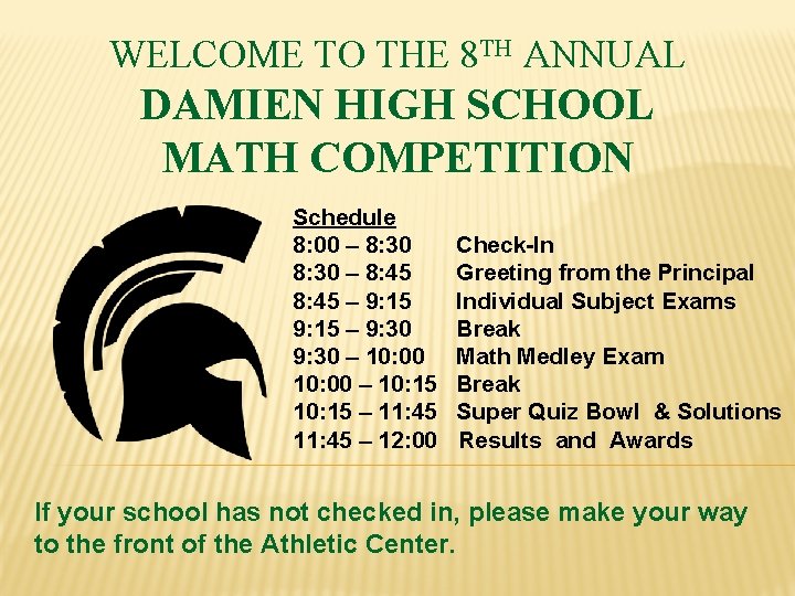 WELCOME TO THE 8 TH ANNUAL DAMIEN HIGH SCHOOL MATH COMPETITION Schedule 8: 00