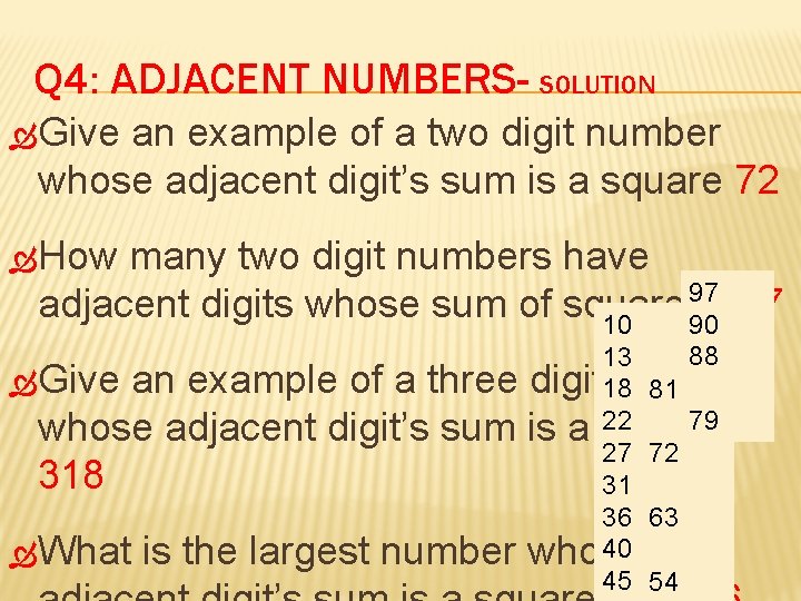 Q 4: ADJACENT NUMBERS- SOLUTION Give an example of a two digit number whose