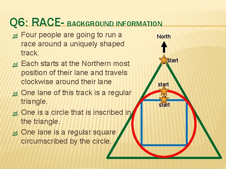 Q 6: RACE- BACKGROUND INFORMATION Four people are going to run a race around