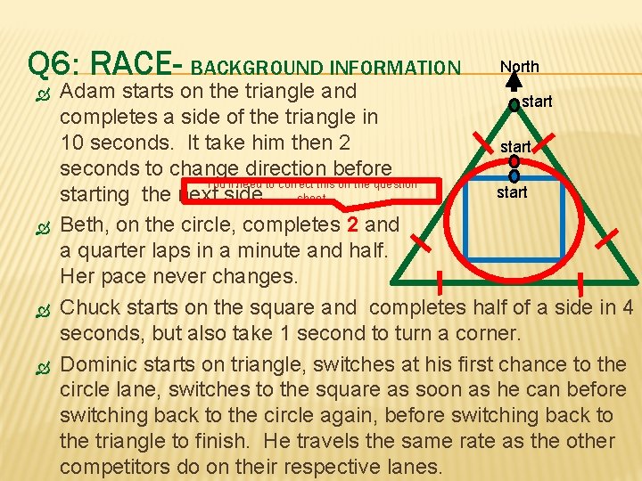 Q 6: RACE- BACKGROUND INFORMATION North Adam starts on the triangle and start completes