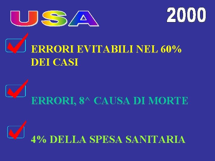 ERRORI EVITABILI NEL 60% DEI CASI ERRORI, 8^ CAUSA DI MORTE 4% DELLA SPESA