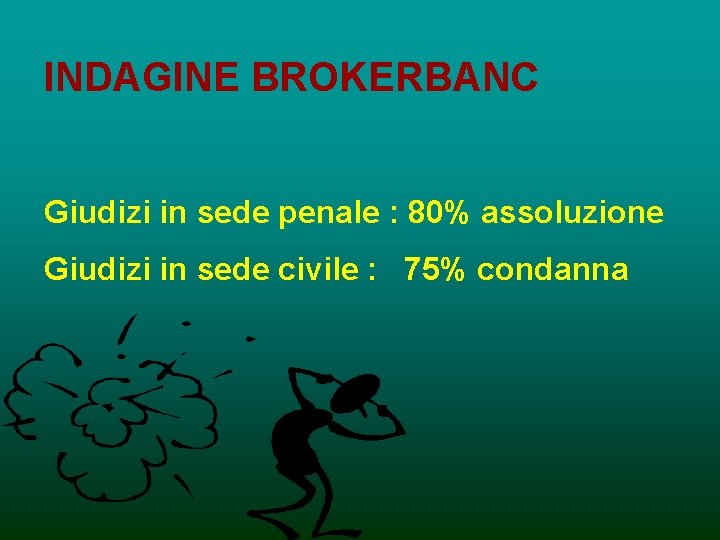 INDAGINE BROKERBANC Giudizi in sede penale : 80% assoluzione Giudizi in sede civile :