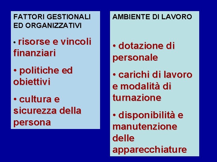 FATTORI GESTIONALI ED ORGANIZZATIVI • risorse AMBIENTE DI LAVORO e vincoli finanziari • dotazione