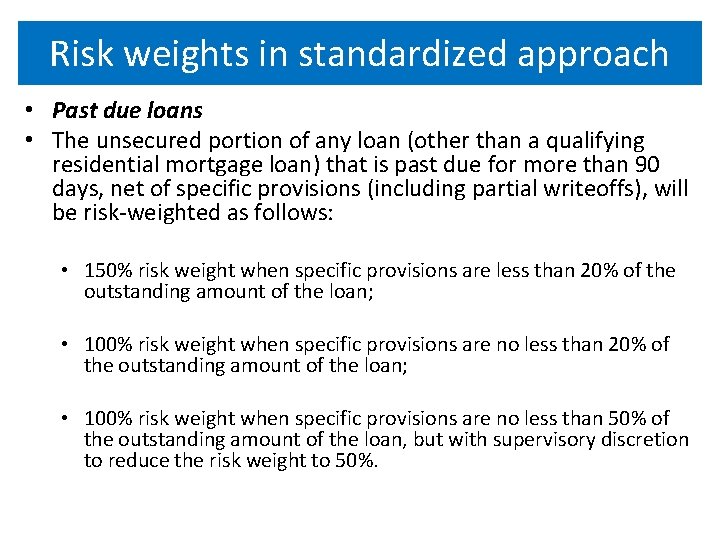 Risk weights in standardized approach • Past due loans • The unsecured portion of