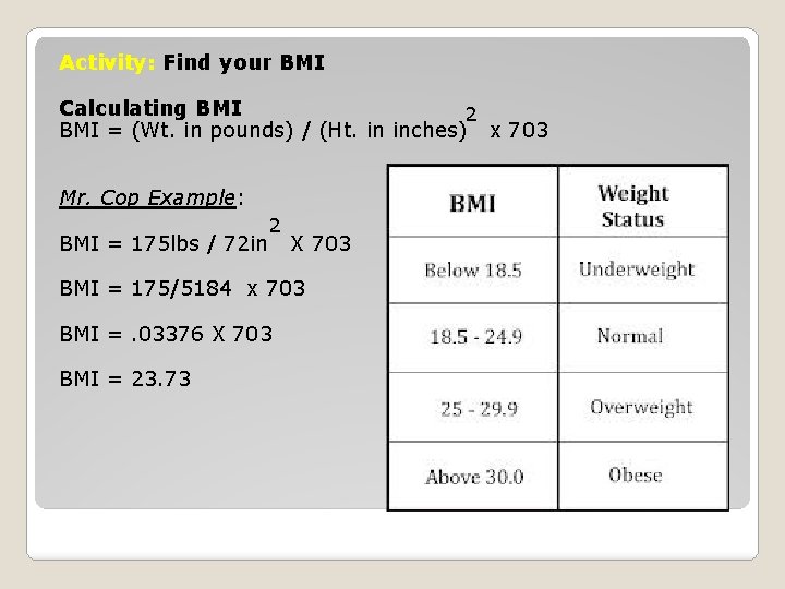 Activity: Find your BMI Calculating BMI 2 BMI = (Wt. in pounds) / (Ht.