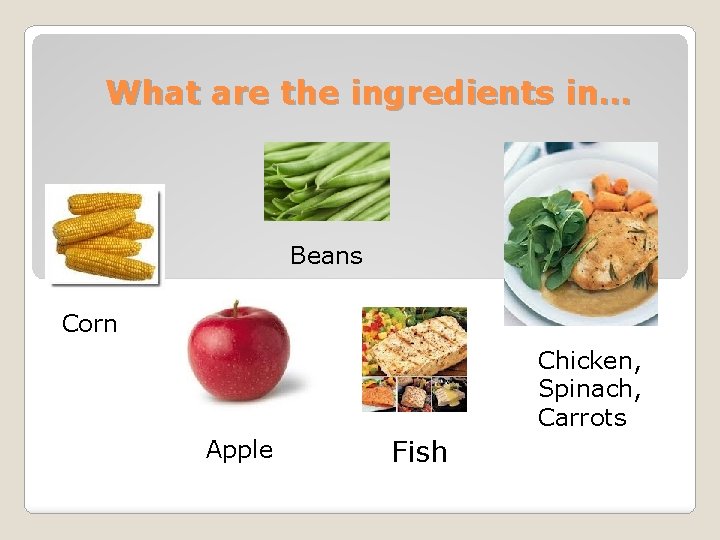 What are the ingredients in… Beans Corn Chicken, Spinach, Carrots Apple Fish 