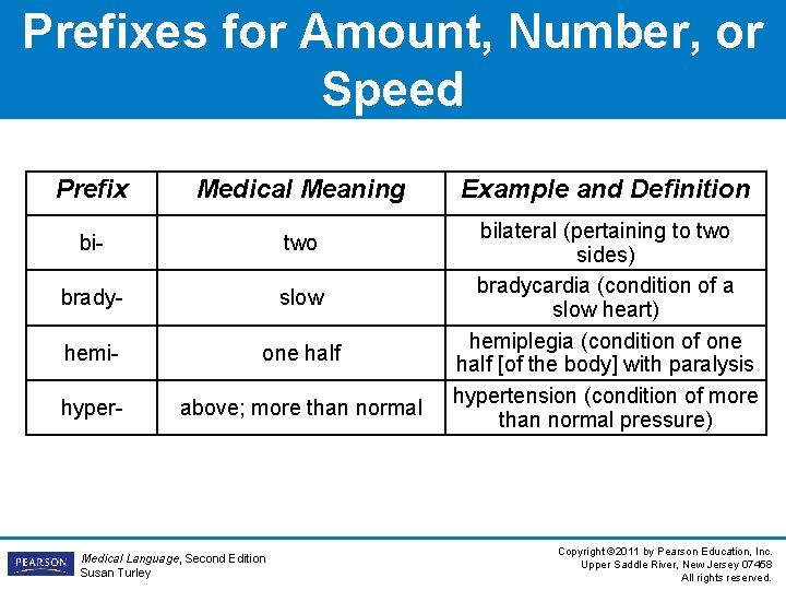Prefixes for Amount, Number, or Speed Prefix Medical Meaning bi- two brady- slow hemi- Prefixes for Amount, Number, or Speed Prefix Medical Meaning bi- two brady- slow hemi-