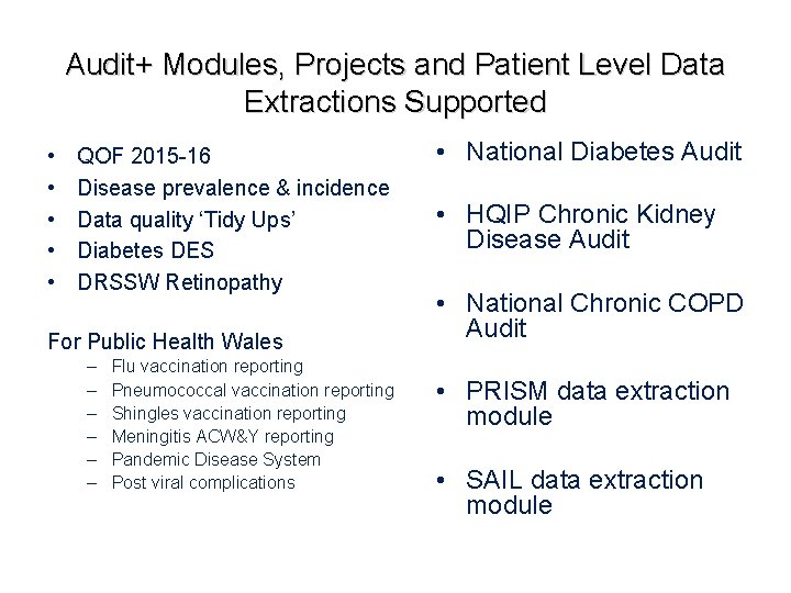 Audit+ Modules, Projects and Patient Level Data Extractions Supported • • • QOF 2015