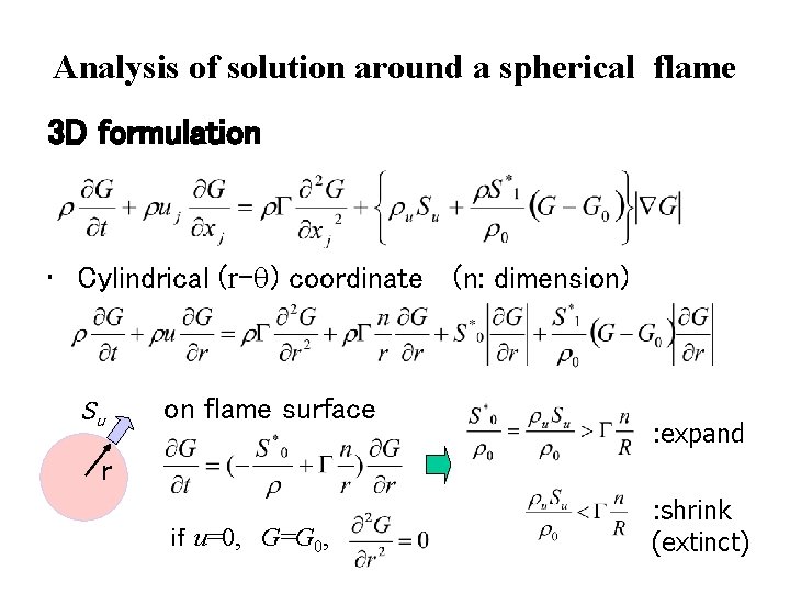 Analysis of solution around a spherical flame 3 D formulation • Cylindrical (r-q) coordinate