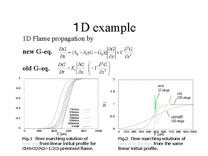 １ D example 1 D Flame propagation by 　 new G-eq. old G-eq. new