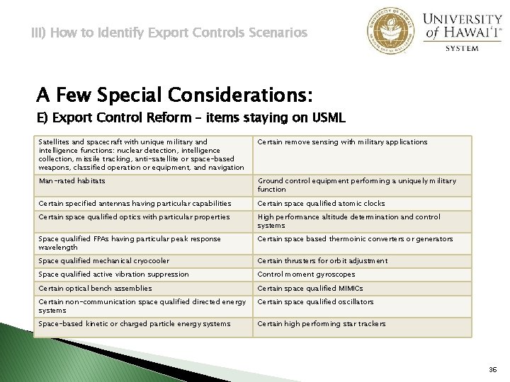 III) How to Identify Export Controls Scenarios A Few Special Considerations: E) Export Control