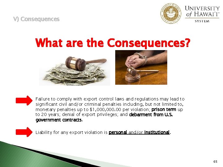 V) Consequences What are the Consequences? Failure to comply with export control laws and