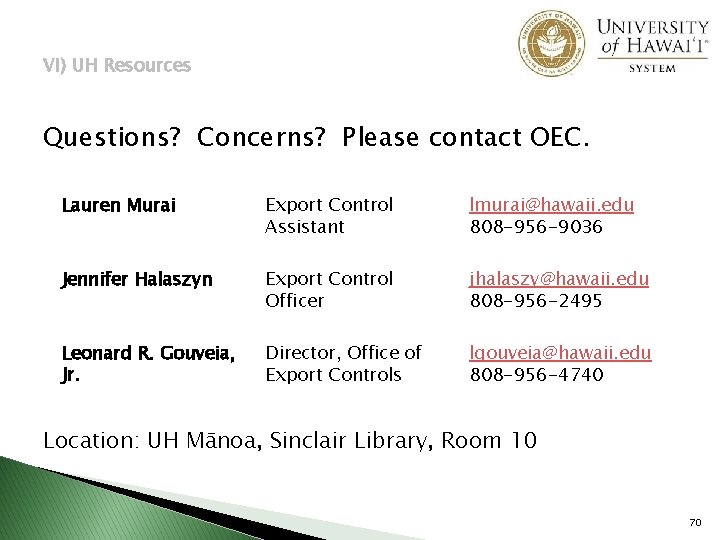 VI) UH Resources Questions? Concerns? Please contact OEC. Lauren Murai Export Control Assistant lmurai@hawaii.