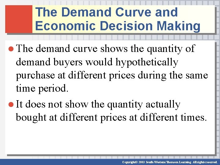 The Demand Curve and Economic Decision Making ● The demand curve shows the quantity