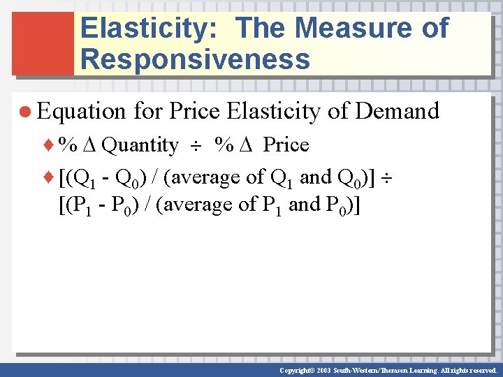 Elasticity: The Measure of Responsiveness ● Equation for Price Elasticity of Demand ♦ %