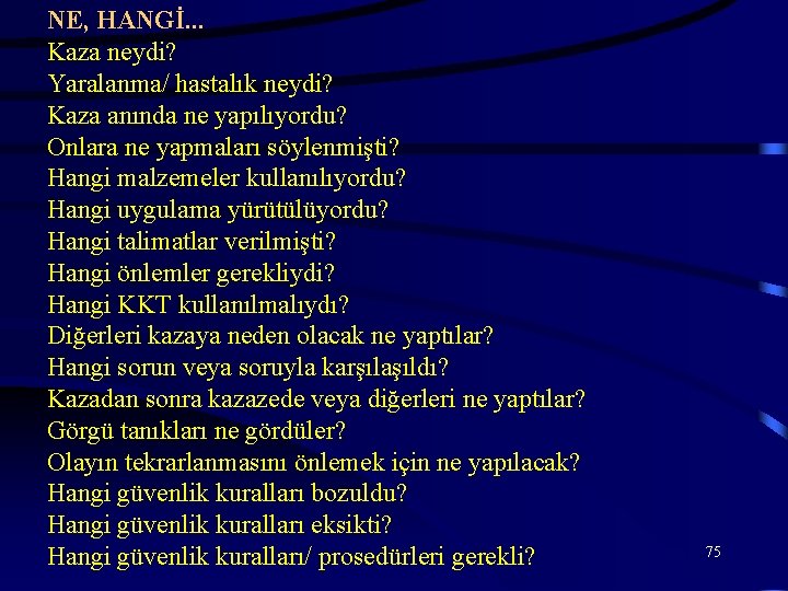 NE, HANGİ. . . Kaza neydi? Yaralanma/ hastalık neydi? Kaza anında ne yapılıyordu? Onlara