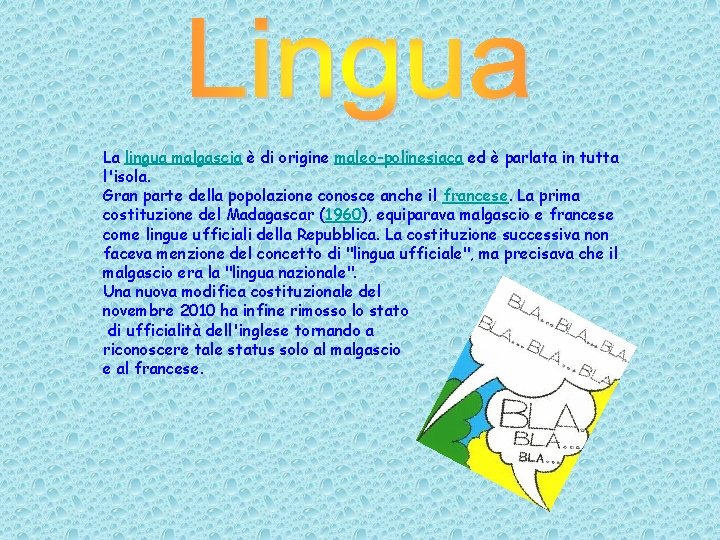 La lingua malgascia è di origine maleo-polinesiaca ed è parlata in tutta l'isola. Gran