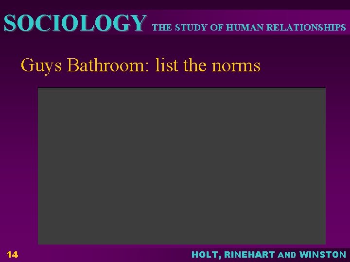 SOCIOLOGY THE STUDY OF HUMAN RELATIONSHIPS Guys Bathroom: list the norms 14 HOLT, RINEHART SOCIOLOGY THE STUDY OF HUMAN RELATIONSHIPS Guys Bathroom: list the norms 14 HOLT, RINEHART