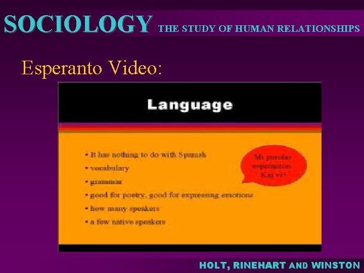 SOCIOLOGY THE STUDY OF HUMAN RELATIONSHIPS Esperanto Video: HOLT, RINEHART AND WINSTON SOCIOLOGY THE STUDY OF HUMAN RELATIONSHIPS Esperanto Video: HOLT, RINEHART AND WINSTON