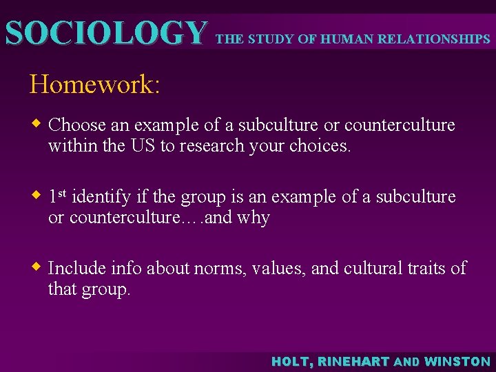 SOCIOLOGY THE STUDY OF HUMAN RELATIONSHIPS Homework: w Choose an example of a subculture SOCIOLOGY THE STUDY OF HUMAN RELATIONSHIPS Homework: w Choose an example of a subculture