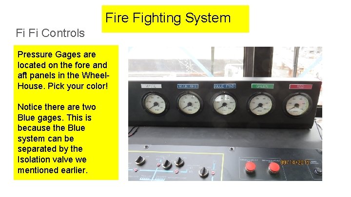 Fire Fighting System Fi Fi Controls Pressure Gages are located on the fore and