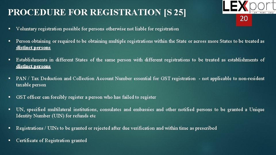 PROCEDURE FOR REGISTRATION [S 25] 20 Voluntary registration possible for persons otherwise not liable