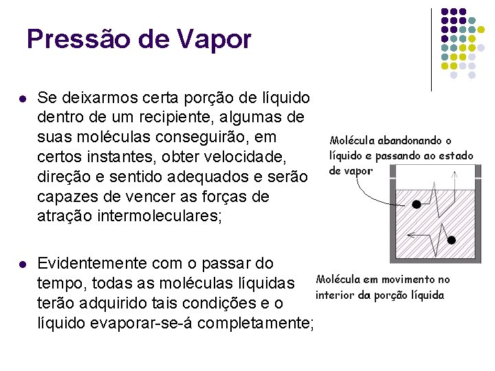 Pressão de Vapor l Se deixarmos certa porção de líquido dentro de um recipiente, Pressão de Vapor l Se deixarmos certa porção de líquido dentro de um recipiente,