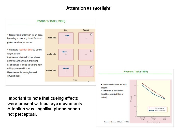 Attention as spotlight Important to note that cueing effects were present with out eye