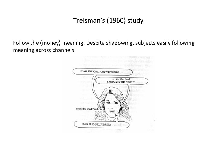 Treisman’s (1960) study Follow the (money) meaning. Despite shadowing, subjects easily following meaning across