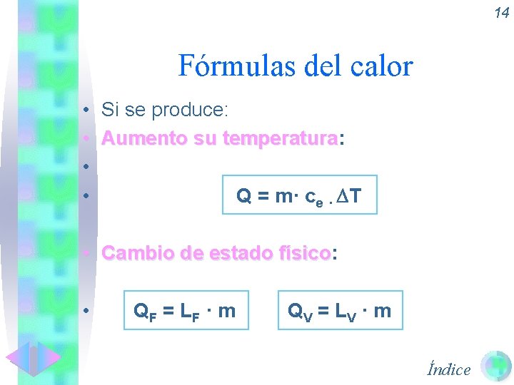 14 Fórmulas del calor • Si se produce: • Aumento su temperatura: temperatura •