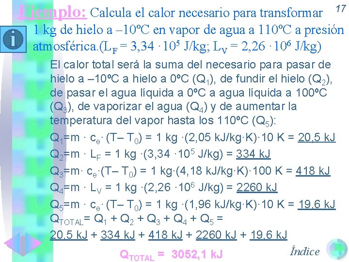 Ejemplo: Calcula el calor necesario para transformar 17 1 kg de hielo a –