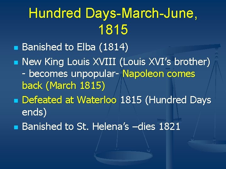 Hundred Days-March-June, 1815 n n Banished to Elba (1814) New King Louis XVIII (Louis Hundred Days-March-June, 1815 n n Banished to Elba (1814) New King Louis XVIII (Louis
