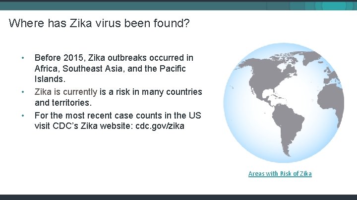 Where has Zika virus been found? • • • Before 2015, Zika outbreaks occurred