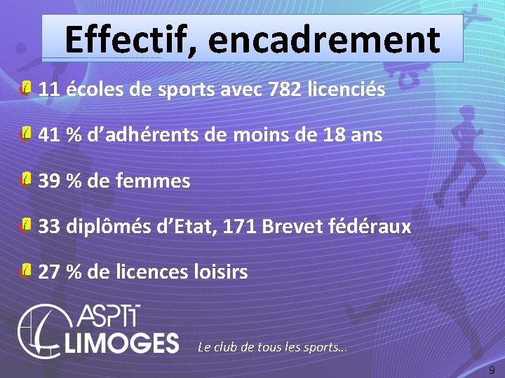 Effectif, encadrement 11 écoles de sports avec 782 licenciés 41 % d’adhérents de moins