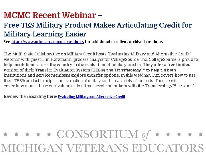 MCMC Recent Webinar – Free TES Military Product Makes Articulating Credit for Military Learning